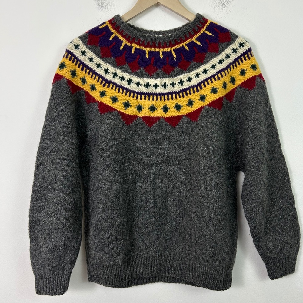 Talbots Gray Shetland Wool Fair Isle Yoke Diamond Cable Knit Sweater Womens L
